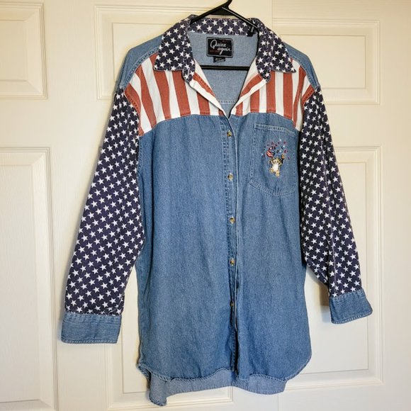 Vintage Tops - Vintage 90s Denim USA Flag Embroidered Cat Kitten Olympics Shacket Jean Shirt